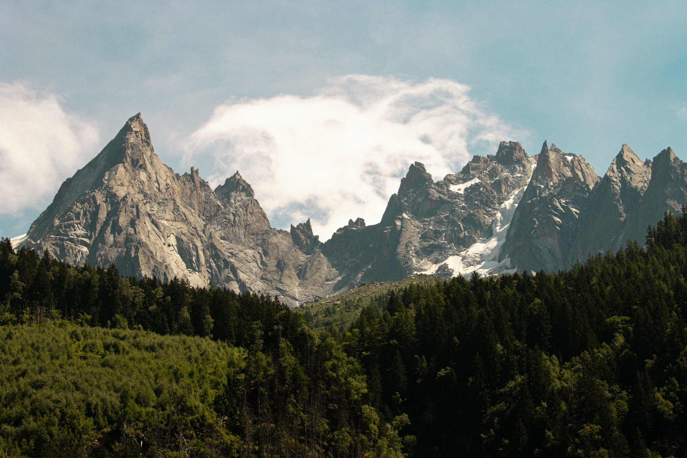 Tall mountain peaks with snow and trees in the foreground